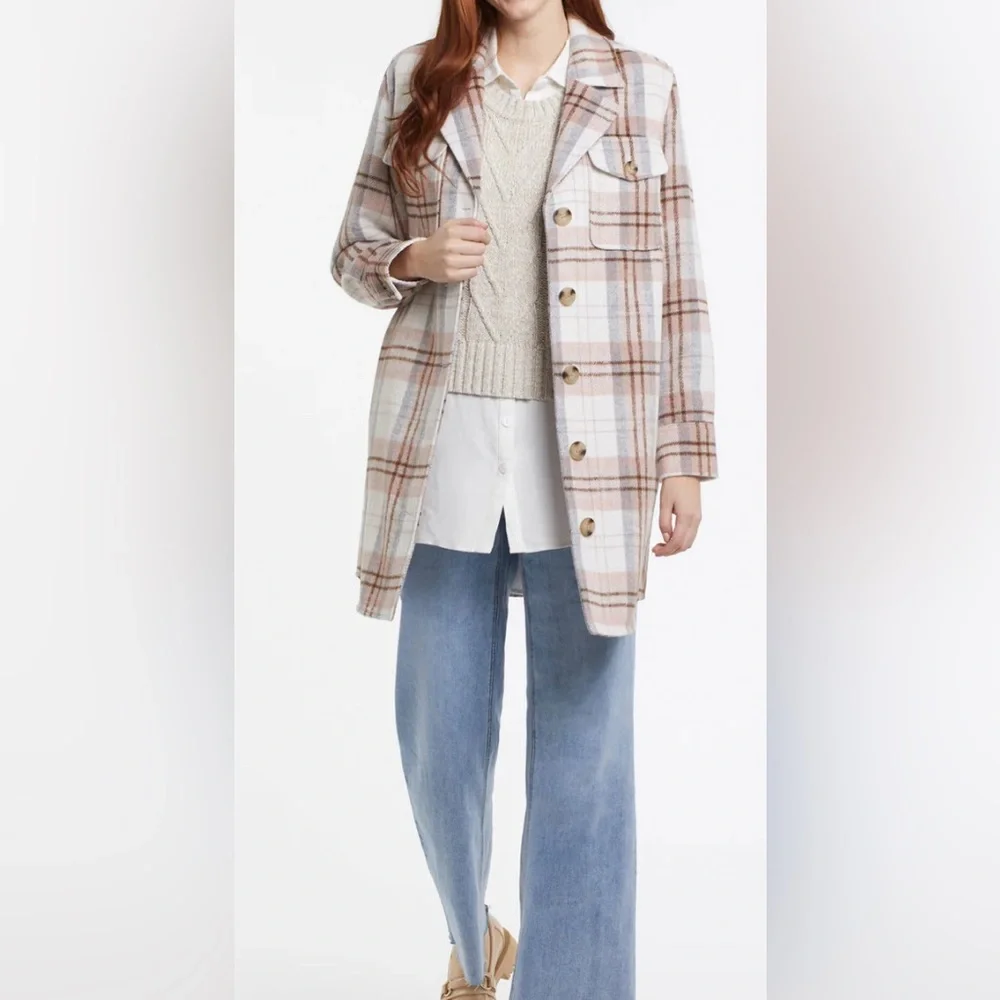 Tribal Notch Collar Schacket Plaid Pea Coat in Pink and Gray Sz L
